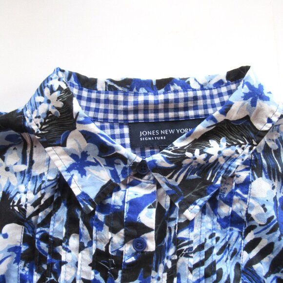 Jones NY Women Shirt/Blouse Floral Blue/White Roll-up Sleeve Pintucks Cotton XL - Picture 14 of 16
